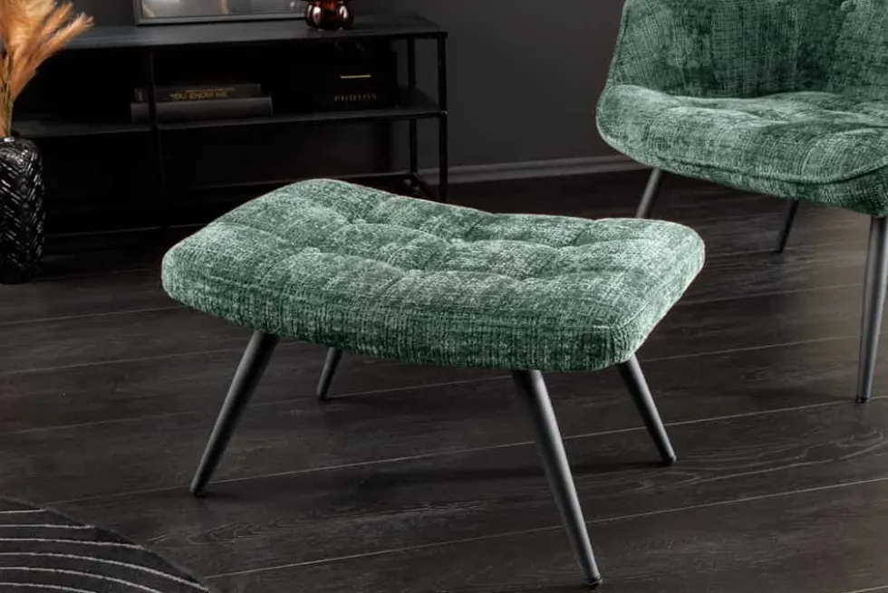 Moderner Hocker SCANDINAVIA grün Chenille Cremona Metallbeine Fußhocker