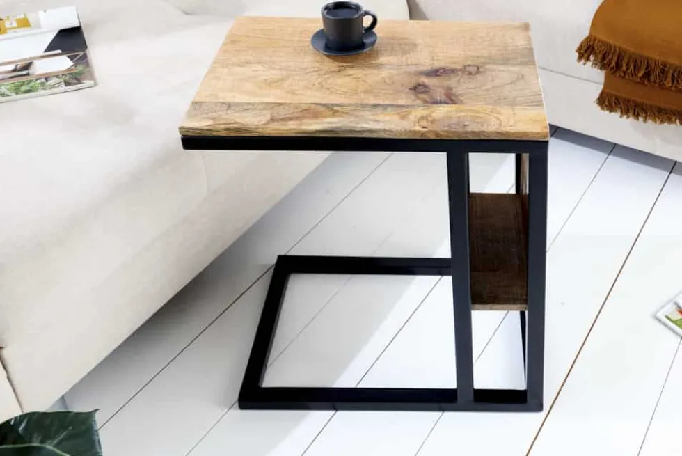 Moderner Laptoptisch CONCIERGE 60cm natur Mangoholz Beistelltisch mit Stauraum Metallgestell
