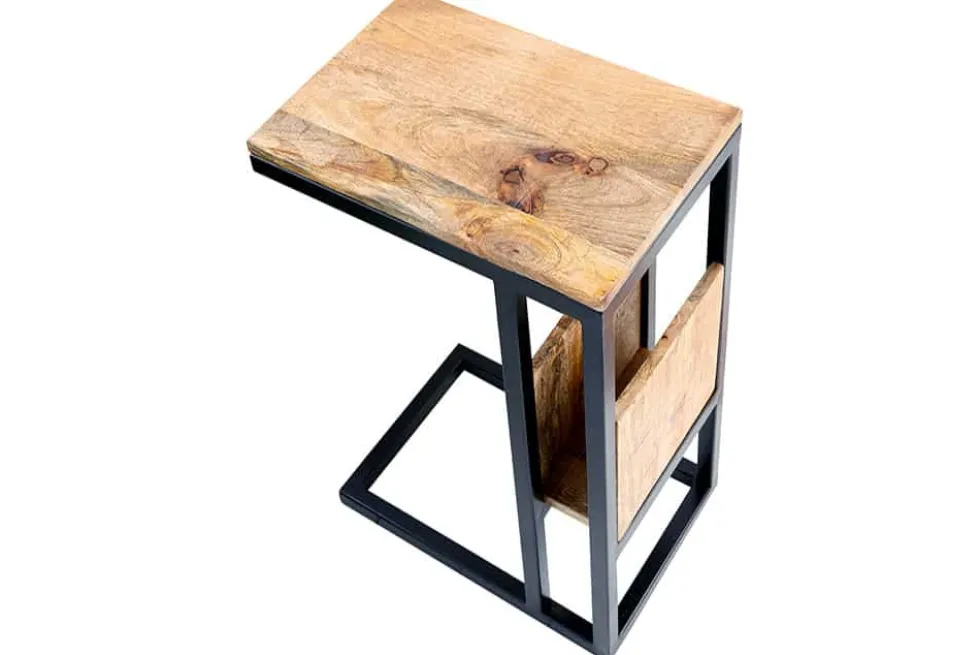 Moderner Laptoptisch CONCIERGE 60cm natur Mangoholz Beistelltisch mit Stauraum Metallgestell