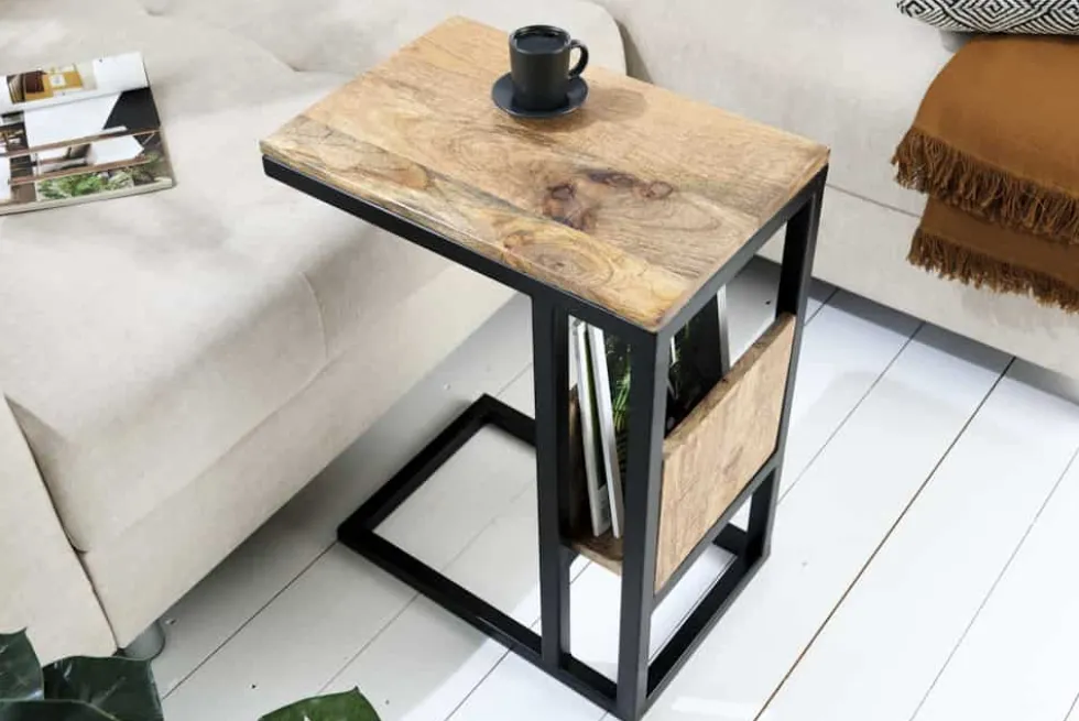 Moderner Laptoptisch CONCIERGE 60cm natur Mangoholz Beistelltisch mit Stauraum Metallgestell