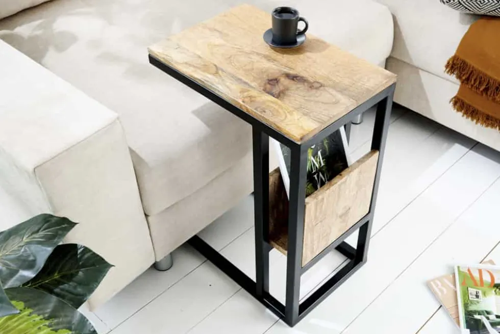 Moderner Laptoptisch CONCIERGE 60cm natur Mangoholz Beistelltisch mit Stauraum Metallgestell