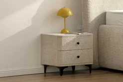 Moderner Nachttisch ART DECO 45cm greige Bouclé mit Schubladen schwarz Metall