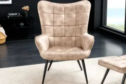 Moderner Sessel SCANDINAVIA champagner beige Samt schwarze Metallbeine mit Armlehne