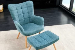 Moderner Sessel SCANDINAVIA blau Strukturstoff Massivholz-Beine mit Armlehnen