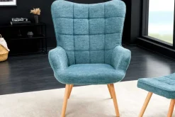 Moderner Sessel SCANDINAVIA blau Strukturstoff Massivholz-Beine mit Armlehnen