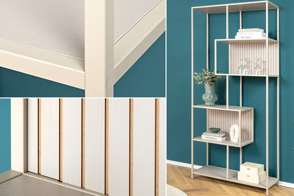 Modernes Bücherregal SLIM LINE 185cm champagner beige Metallgestell sechs Regalböden