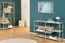 Modernes Bücherregal SLIM LINE 115cm champagner beige Metallgestell fünf Regalböden