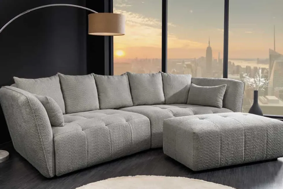 Modernes Big Sofa ROYAL 295cm grau Bouclé Federkern XXL-Couch inkl. Kissen