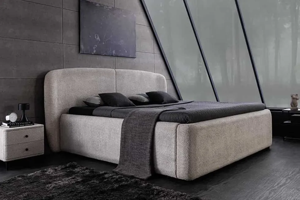 Modernes Boxbett ART DECO 180x200cm greige Bouclé mit Stauraum und Lattenrost
