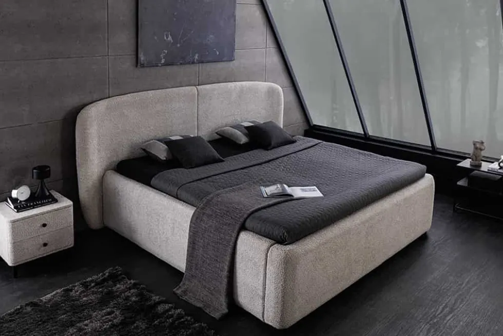 Modernes Boxbett ART DECO 180x200cm greige Bouclé mit Stauraum und Lattenrost