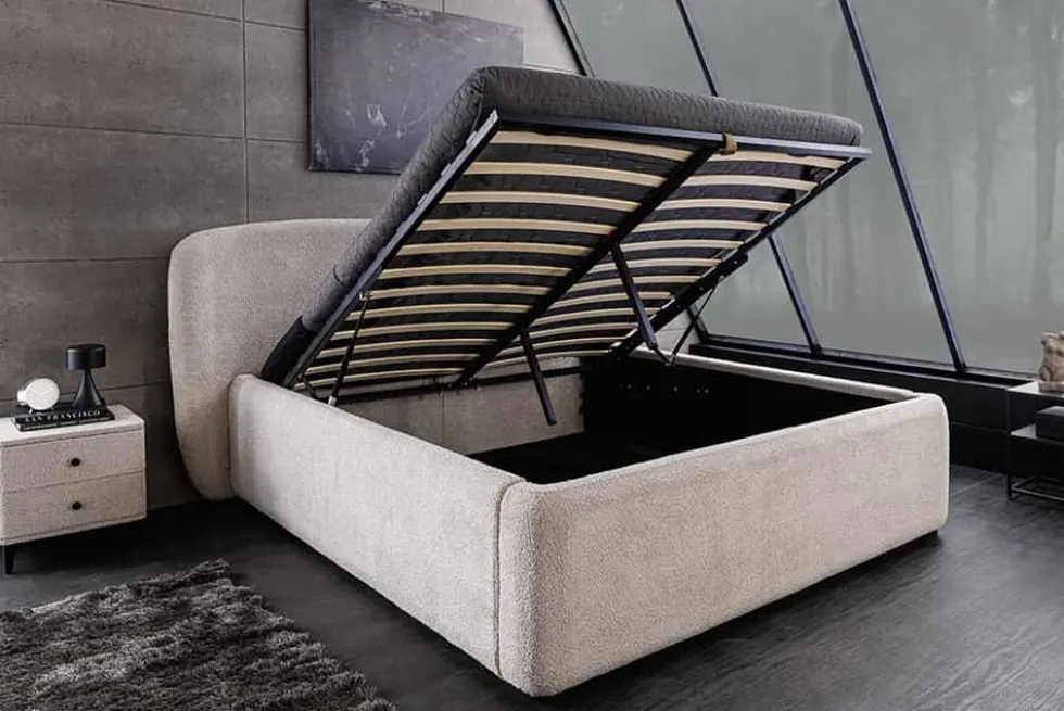 Modernes Boxbett ART DECO 160x200cm greige Bouclé mit Stauraum und Lattenrost