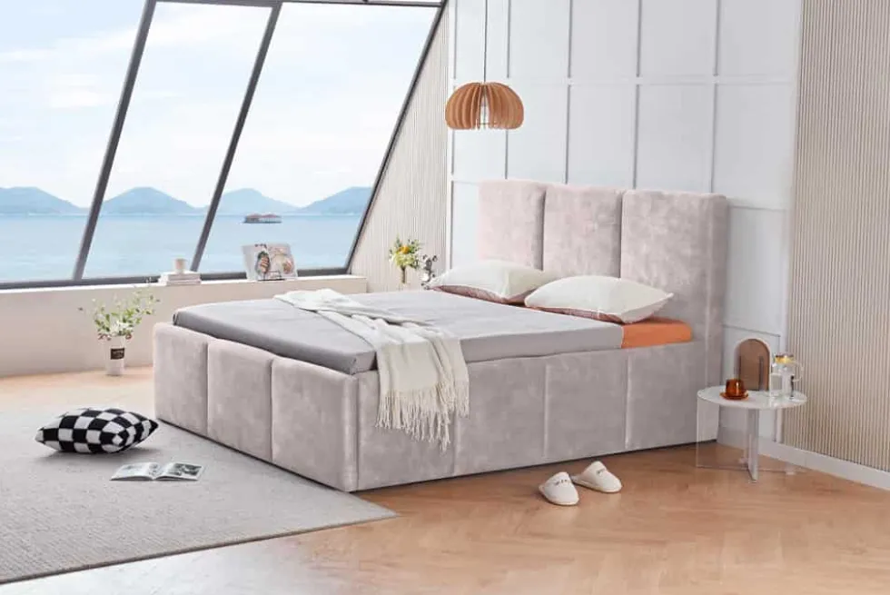 Modernes Boxbett ATELIER 180x200cm champagner beige Samt mit Lattenrost und Stauraum