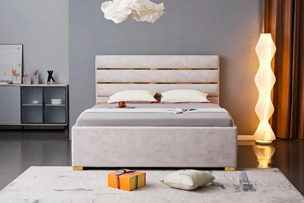 Modernes Boxbett METROPOLITAN 180x200cm beige Samt mit Lattenrost und Stauraum
