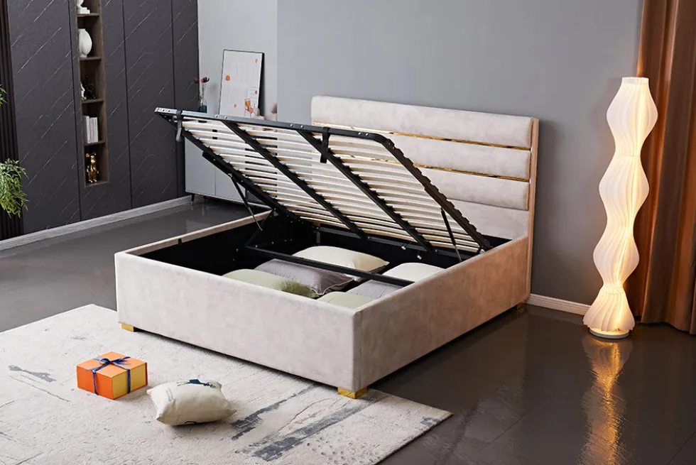 Modernes Boxbett METROPOLITAN 180x200cm beige Samt mit Lattenrost und Stauraum