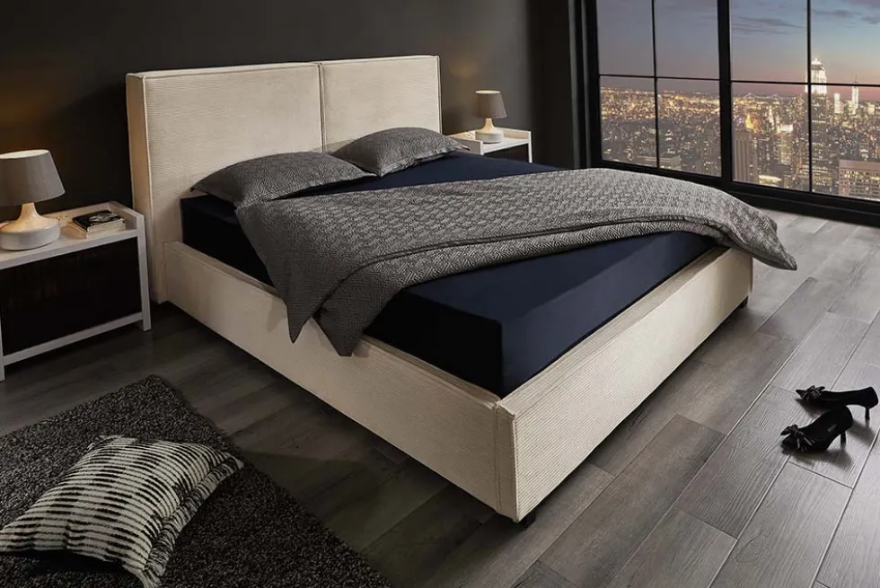 Modernes Boxbett ROCCO 160x200cm beige Cord mit Stauraum und Lattenrost