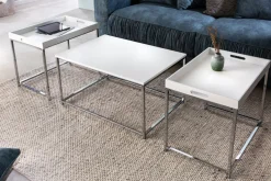 Modernes Couchtisch 3er Set ELEMENTS 75cm weiß Chrom abnehmbares Tablett