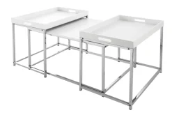 Modernes Couchtisch 3er Set ELEMENTS 75cm weiß Chrom abnehmbares Tablett