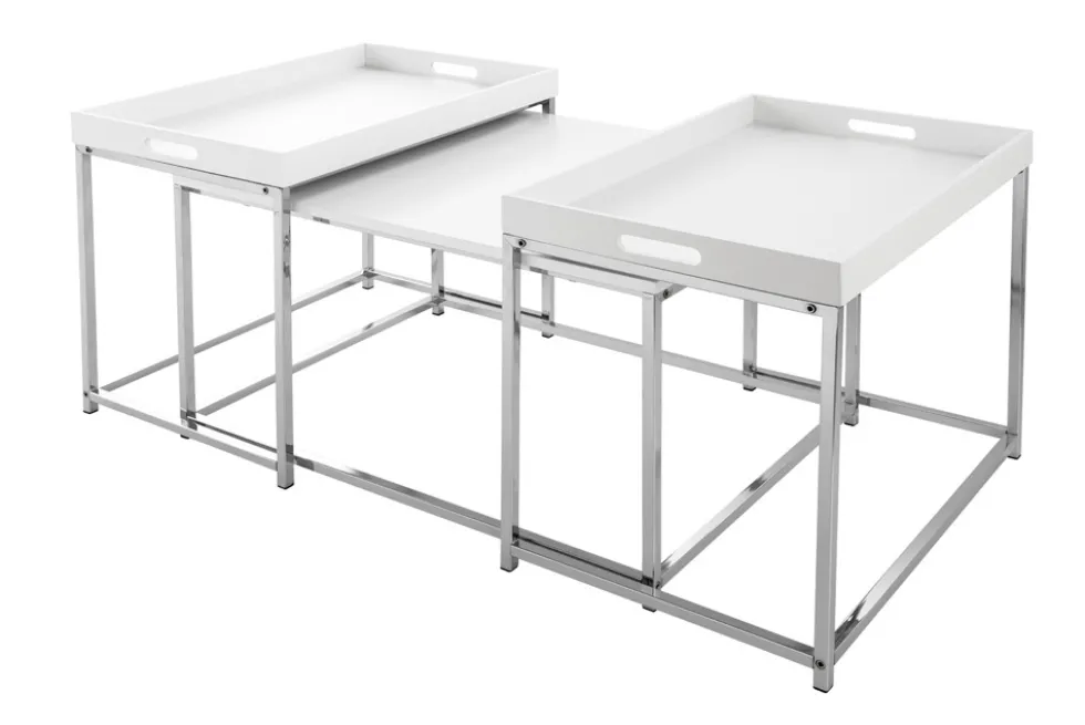 Modernes Couchtisch 3er Set ELEMENTS 75cm weiß Chrom abnehmbares Tablett