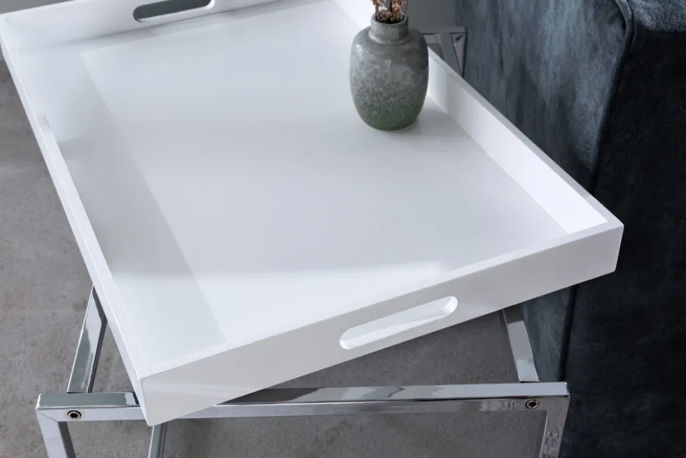 Modernes Couchtisch 3er Set ELEMENTS 75cm weiß Chrom abnehmbares Tablett