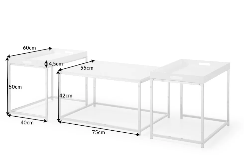 Modernes Couchtisch 3er Set ELEMENTS 75cm weiß Chrom abnehmbares Tablett