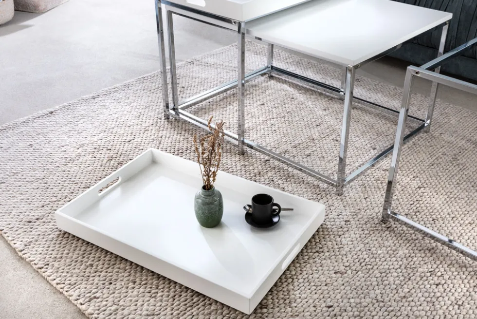 Modernes Couchtisch 3er Set ELEMENTS 75cm weiß Chrom abnehmbares Tablett