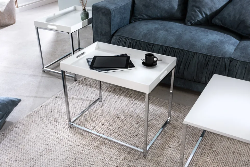 Modernes Couchtisch 3er Set ELEMENTS 75cm weiß Chrom abnehmbares Tablett
