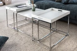 Modernes Couchtisch 3er Set ELEMENTS 75cm weiß Chrom abnehmbares Tablett
