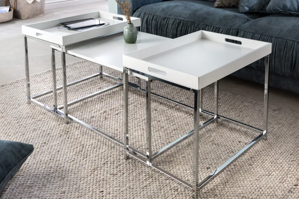 Modernes Couchtisch 3er Set ELEMENTS 75cm weiß Chrom abnehmbares Tablett