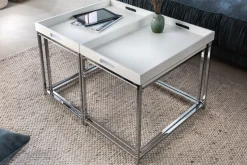 Modernes Couchtisch 3er Set ELEMENTS 75cm weiß Chrom abnehmbares Tablett