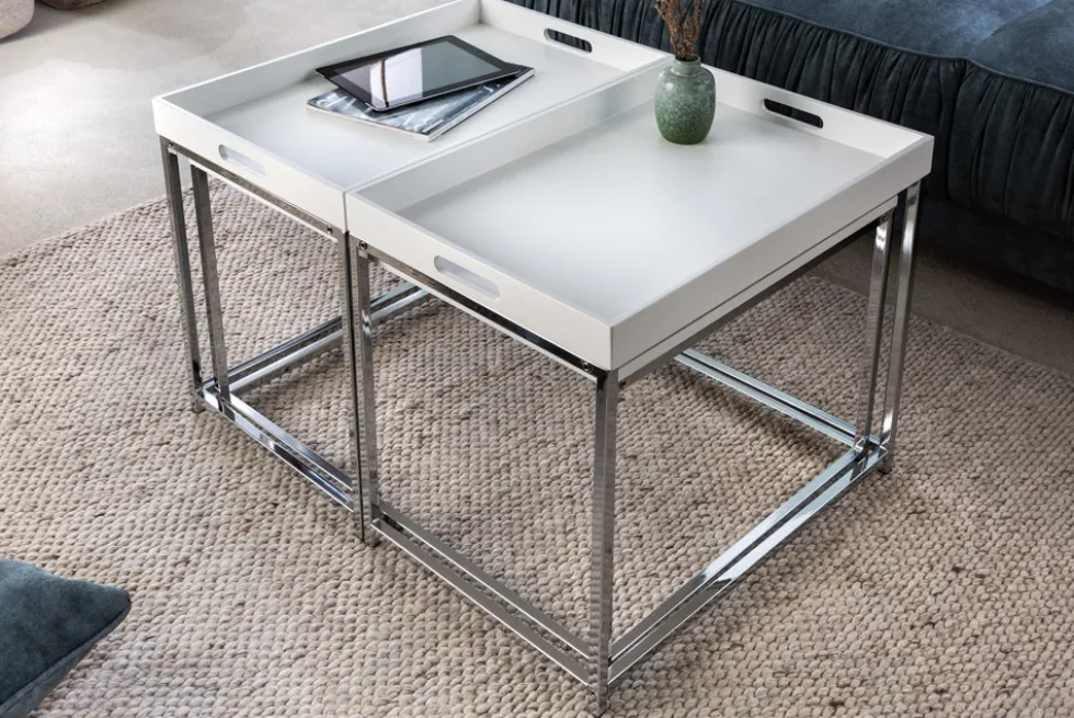 Modernes Couchtisch 3er Set ELEMENTS 75cm weiß Chrom abnehmbares Tablett
