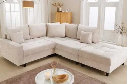 Modernes Ecksofa KENT 220cm champagner beige Chenille Cremona Federkern Wohnlandschaft mit Hocker