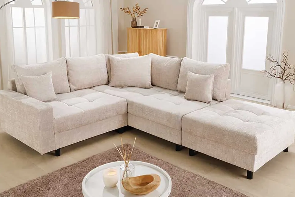 Modernes Ecksofa KENT 220cm champagner beige Chenille Cremona Federkern Wohnlandschaft mit Hocker