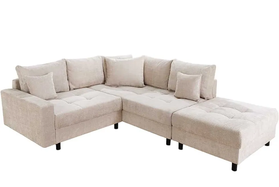 Modernes Ecksofa KENT 220cm champagner beige Chenille Cremona Federkern Wohnlandschaft mit Hocker