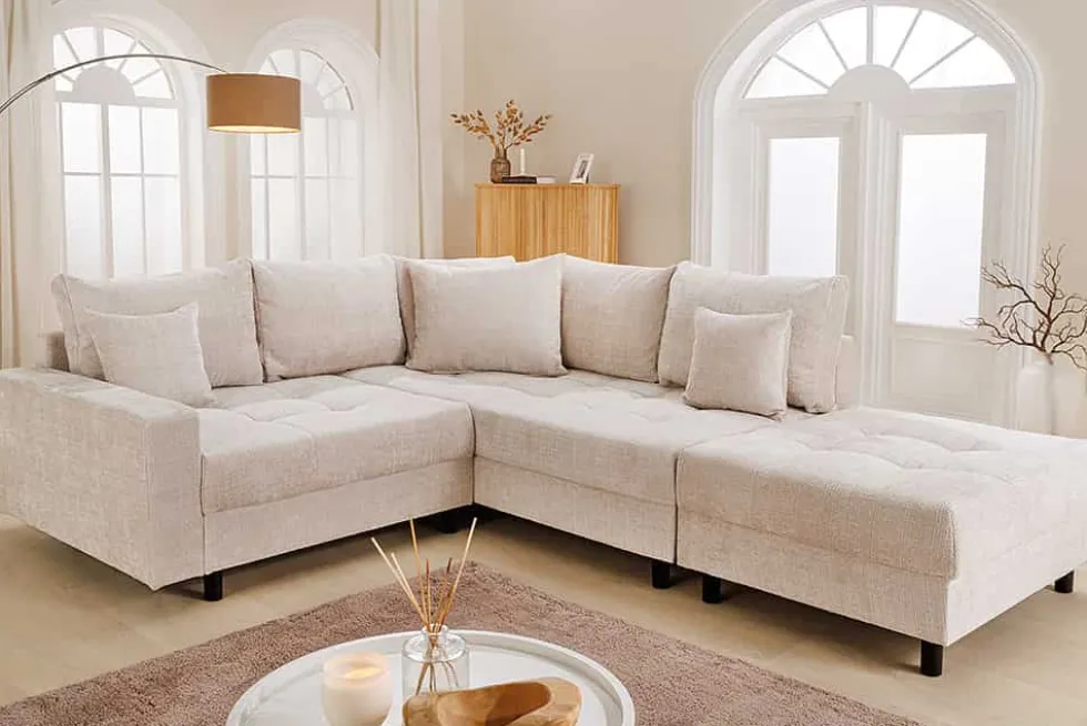 Modernes Ecksofa KENT 220cm champagner beige Chenille Cremona Federkern Wohnlandschaft mit Hocker