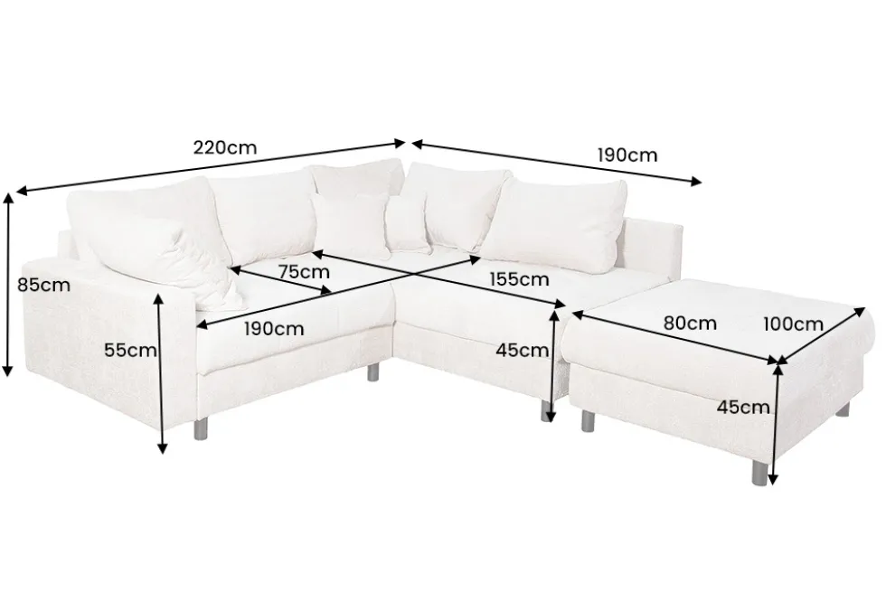 Modernes Ecksofa KENT 220cm champagner beige Chenille Cremona Federkern Wohnlandschaft mit Hocker
