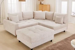 Modernes Ecksofa KENT 220cm champagner beige Chenille Cremona Federkern Wohnlandschaft mit Hocker