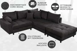 Modernes Ecksofa KENT 220cm dunkelgrau Cord inklusive Hocker Federkern Wohnlandschaft
