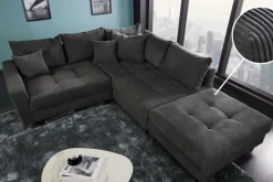 Modernes Ecksofa KENT 220cm dunkelgrau Cord inklusive Hocker Federkern Wohnlandschaft
