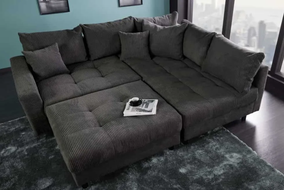 Modernes Ecksofa KENT 220cm dunkelgrau Cord inklusive Hocker Federkern Wohnlandschaft