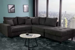 Modernes Ecksofa KENT 220cm dunkelgrau Cord inklusive Hocker Federkern Wohnlandschaft