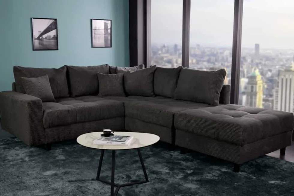 Modernes Ecksofa KENT 220cm dunkelgrau Cord inklusive Hocker Federkern Wohnlandschaft