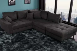 Modernes Ecksofa KENT 220cm dunkelgrau Cord inklusive Hocker Federkern Wohnlandschaft