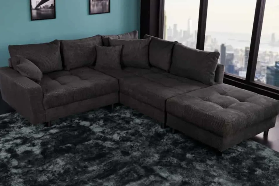 Modernes Ecksofa KENT 220cm dunkelgrau Cord inklusive Hocker Federkern Wohnlandschaft