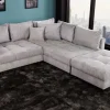Modernes Ecksofa KENT 220cm hellgrau Cord inkl. Hocker Federkern L-Form Wohnlandschaft