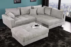 Modernes Ecksofa KENT 220cm hellgrau Cord inkl. Hocker Federkern L-Form Wohnlandschaft