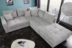 Modernes Ecksofa KENT 220cm hellgrau Cord inkl. Hocker Federkern L-Form Wohnlandschaft