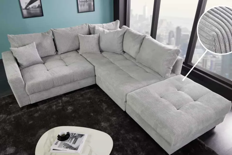 Modernes Ecksofa KENT 220cm hellgrau Cord inkl. Hocker Federkern L-Form Wohnlandschaft