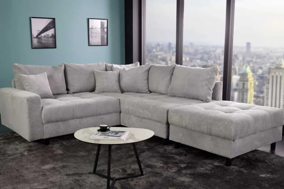 Modernes Ecksofa KENT 220cm hellgrau Cord inkl. Hocker Federkern L-Form Wohnlandschaft