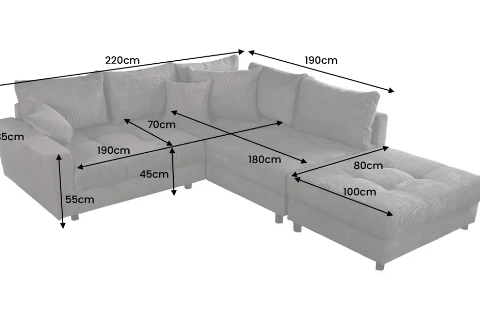 Modernes Ecksofa KENT 220cm hellgrau Cord inkl. Hocker Federkern L-Form Wohnlandschaft
