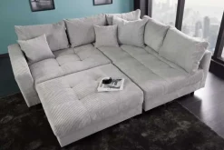 Modernes Ecksofa KENT 220cm hellgrau Cord inkl. Hocker Federkern L-Form Wohnlandschaft